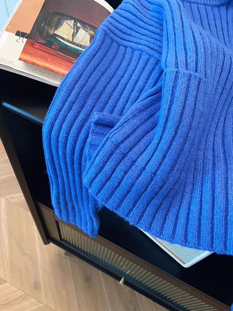 Корейские модные синие свитера с круглым вырезом осень-зима повседневные