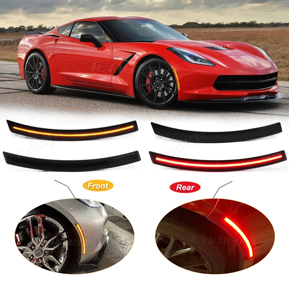 4pcs Smoked Lens Front Amber Rear Red Car LED Side Marker Lights Fender Flare Lamps For 2014-2019 Chevrolet Corvette C7