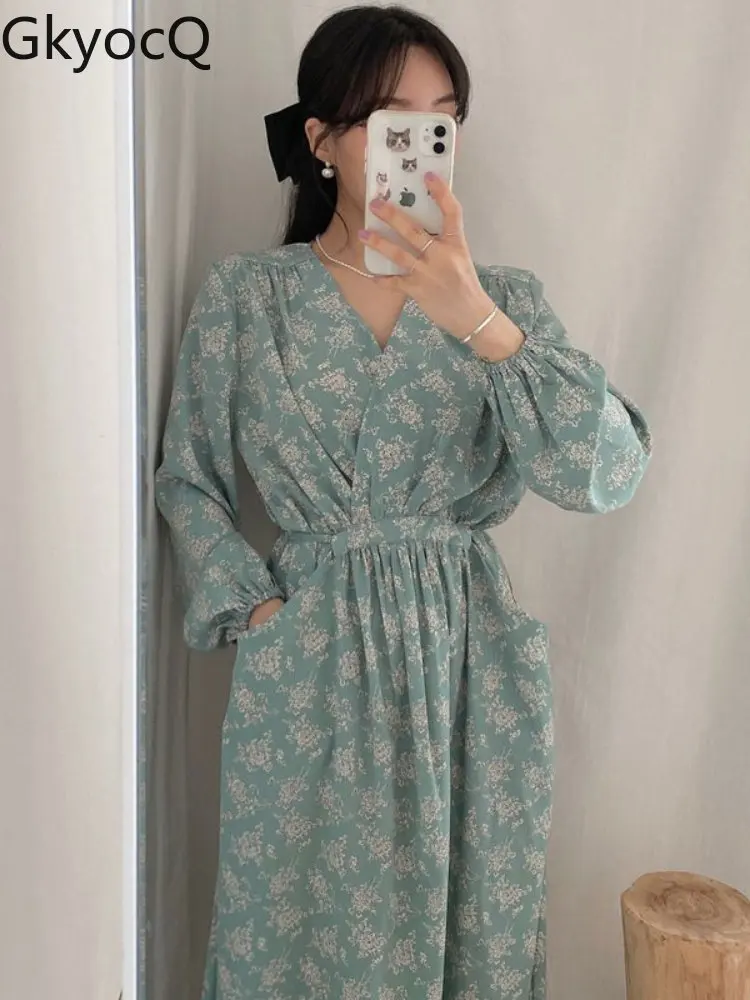 

Ladies 2022 New Fashion Autumn Vintage Elegant Cross V-Neck Pocket Pleated Waist Long Sleeve Floral Dress Women Clothing Female