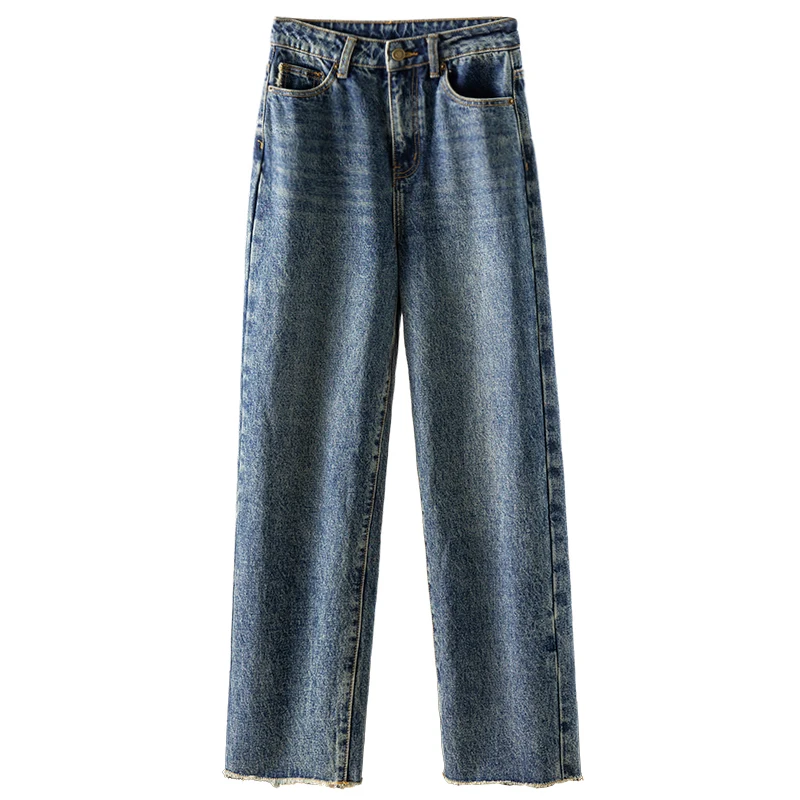 High-quality Cotton Denim Pants Women  Full Length  HIGH Waist 2023 Spring Casual  STRAIGHT  Mom Jeans  Distressed