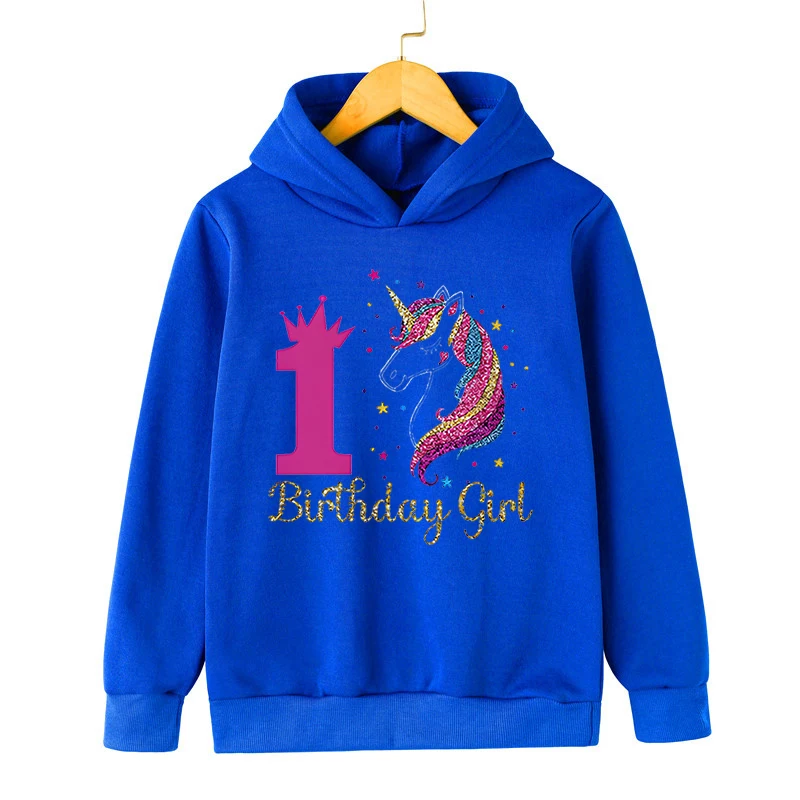 

2023 Child Blue Sweatshirt Cartoon Unicorn Girls Autumn Pullover 1~12 Years Birthday Number Kids Clothes Kawaii Unicorn Hoodies