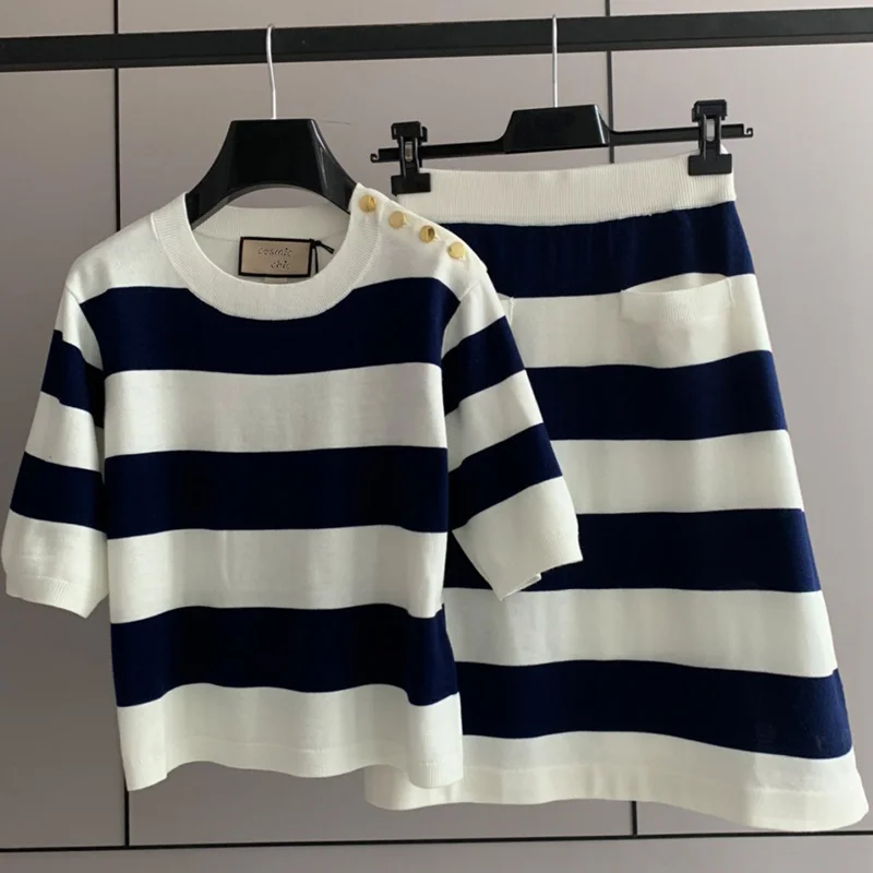 

22 Summer Wool Embroidery Striped Blue White Skirt Set Women Metal Buttons Round Neck Short Sleeved Tops Navy Blue Pocket Skirts