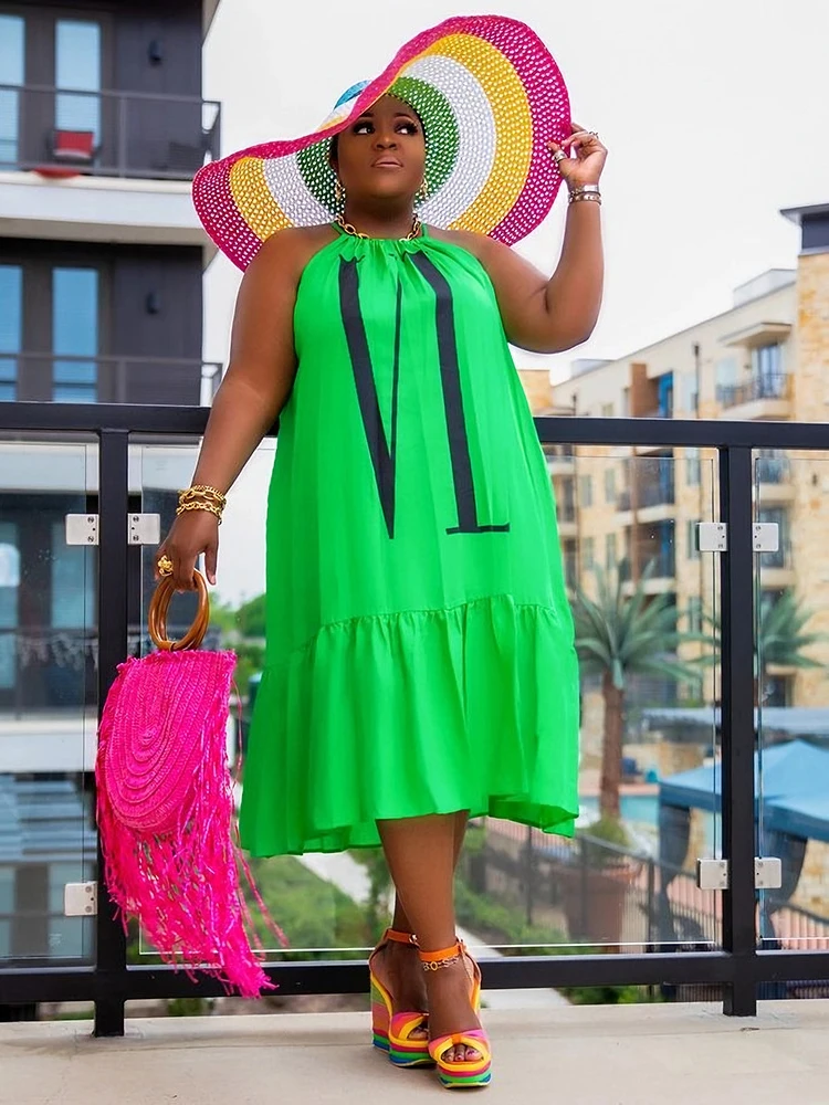 Plus Size Beach Dresses Women Sleeveless Halter Sexy Party Club Casual Loose Dress Summer Vestidos Robe Female 4xl 5XL Sundress