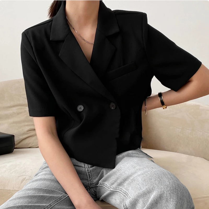 F GIRLS Blazers Women Casual Crop  Summer All-match Korean Style Temperament Short Sleeve Office Lady Streetwear Double Breasted