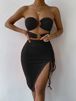 ring cut out front split thigh tube dress