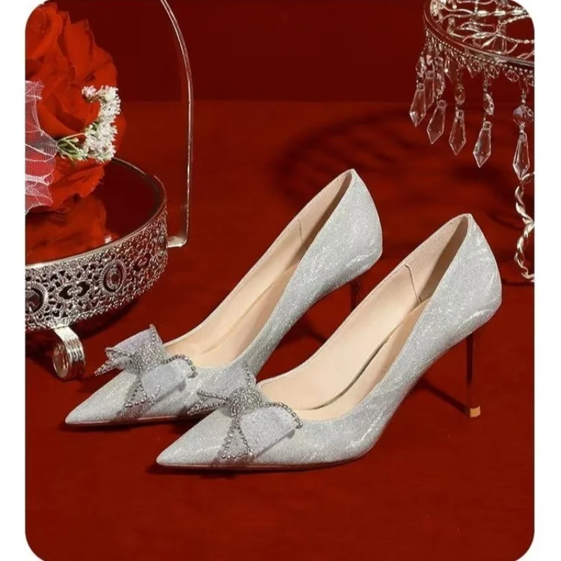 

2023 New Women's High Heels Pointed High Heels Thin Heels Solid Color Bow with Heel Shoes Banquet Fashion Women's Shoes