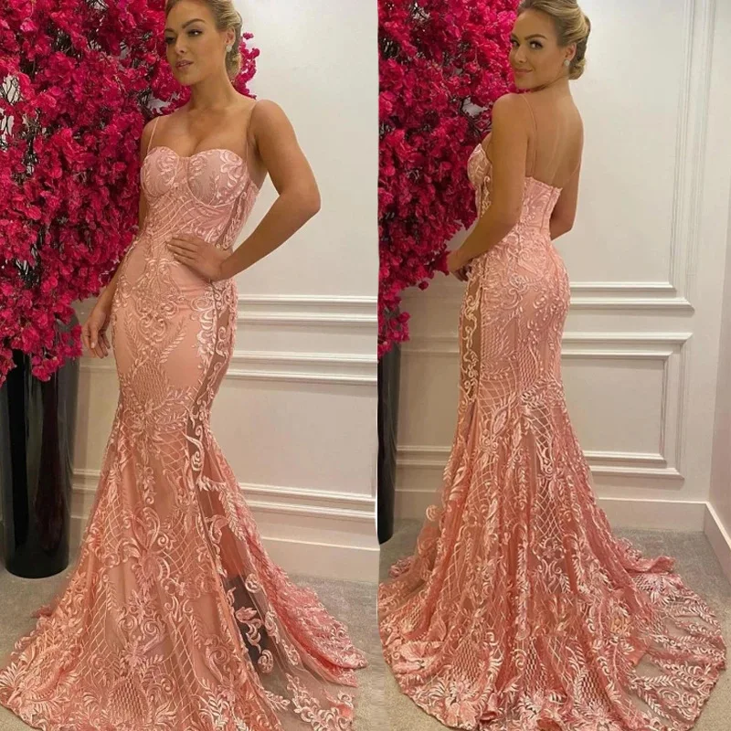 

2022 Woman Elegant Mermaid Formal Dress Sexy Hollow Applique Spaghetti Strapless Sleeveless Vintage Pink Bridesmaid Dresses