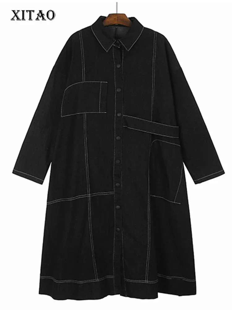 

XITAO джинсовый свободный Тренч с длинным рукавом, повседневный модный однобортный простой осенний Женский Тренч с отложным воротником, DMJ2883