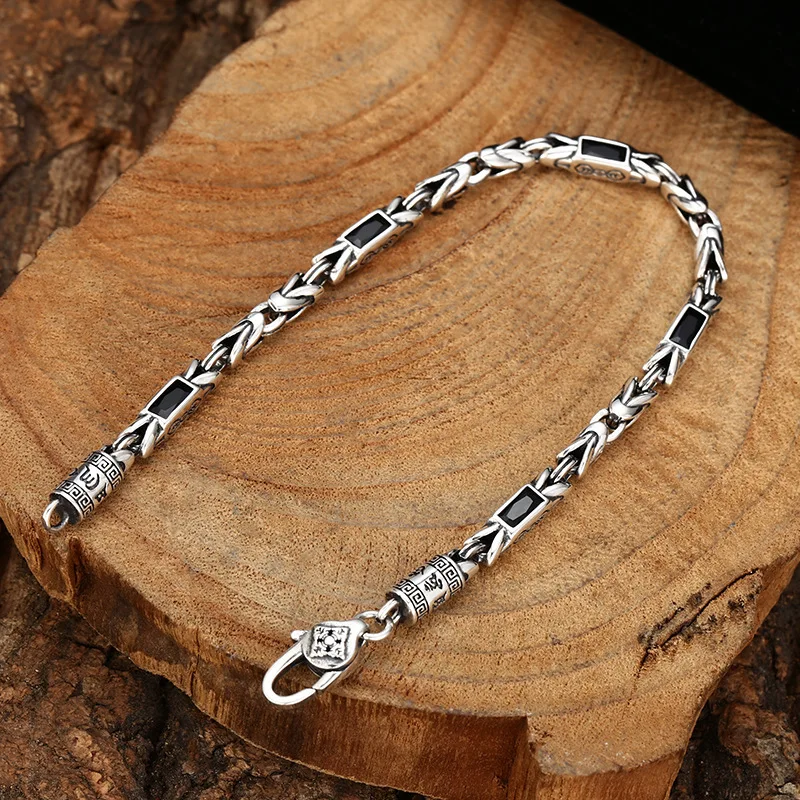 Фото Серебряный браслет унисекс, модный ретро-комплект украшений с черными камнями №2