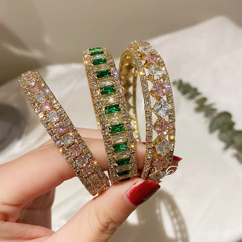 

Luxury Geometric Zircon Cuff Bangles for Women Pink Green Crystal Statement Bracelets Weddings Party Jewelry Drop Shipping