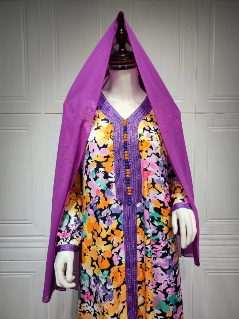 Eid Muslim Women Dress Floral Print Abaya Morocco Party Dress Prayer Abayas Long Sleeve Robe Ramadan Musulman Maxi Vestidos 2023