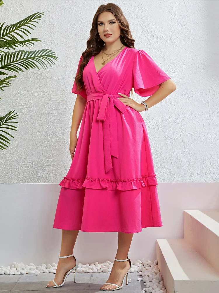 Summer rose red V-neck semi-cardigan plus size party dress elegant dresses for women