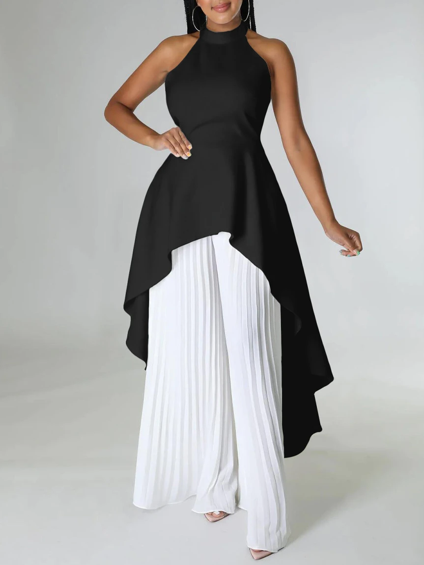 

Summer Two Piece Set Women Sleeveless Irregular Mermaid Tops Wide Leg Trousers Elegant Evening Party Pleated Pant Sets Elegant