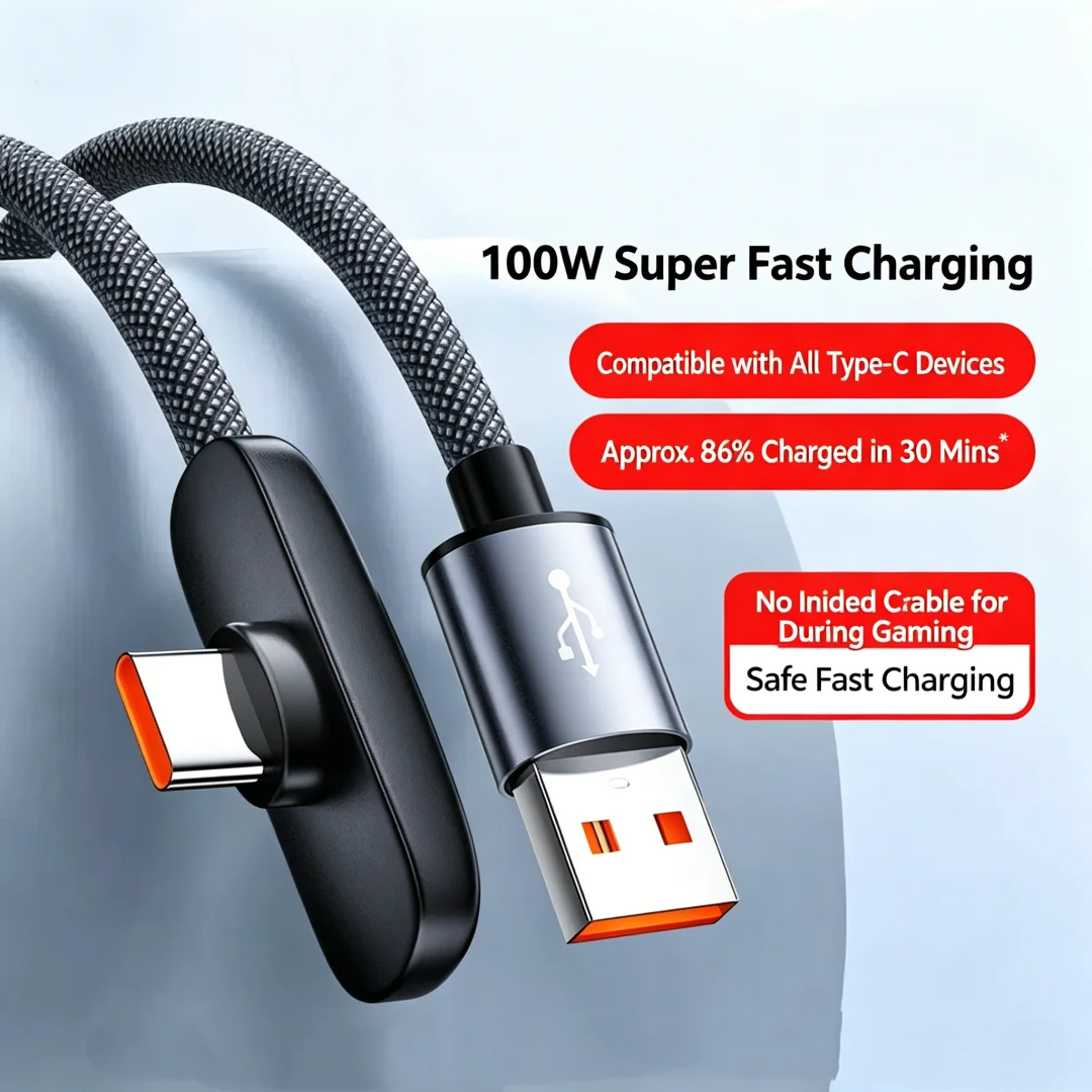 Фото Кабель USB A - Type C L-образный плоский, 100 Вт, для быстрой зарядки, плетеный, высокомощный, для передачи данных, с угловым разъемом, 1м, 1.5м, 2м №1