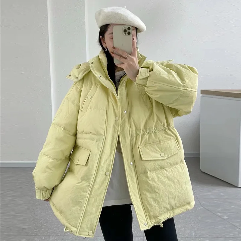 Winter Down Jacket Women's Medium Long Loose Thick Cotton Clothing New White Eiderdown Hooded Waist Jacket Match Everything