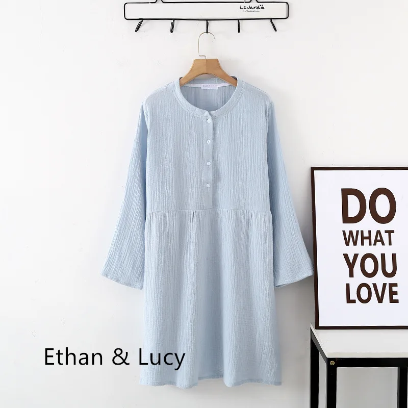 Ladies Cotton Yarn Round Neck Button Long Sleeve Nightdress Crepe Gauze Solid Nightgowns Loose and Soft Sleep Dress Home Skirt