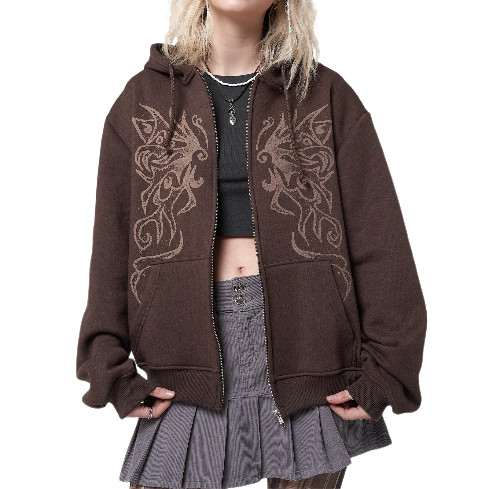 

Women Oversized Casual Hoodie Vintage Print Hooded Long Sleeve Full-Zipper Sweatshirt Jacket with Pockets for Ladies