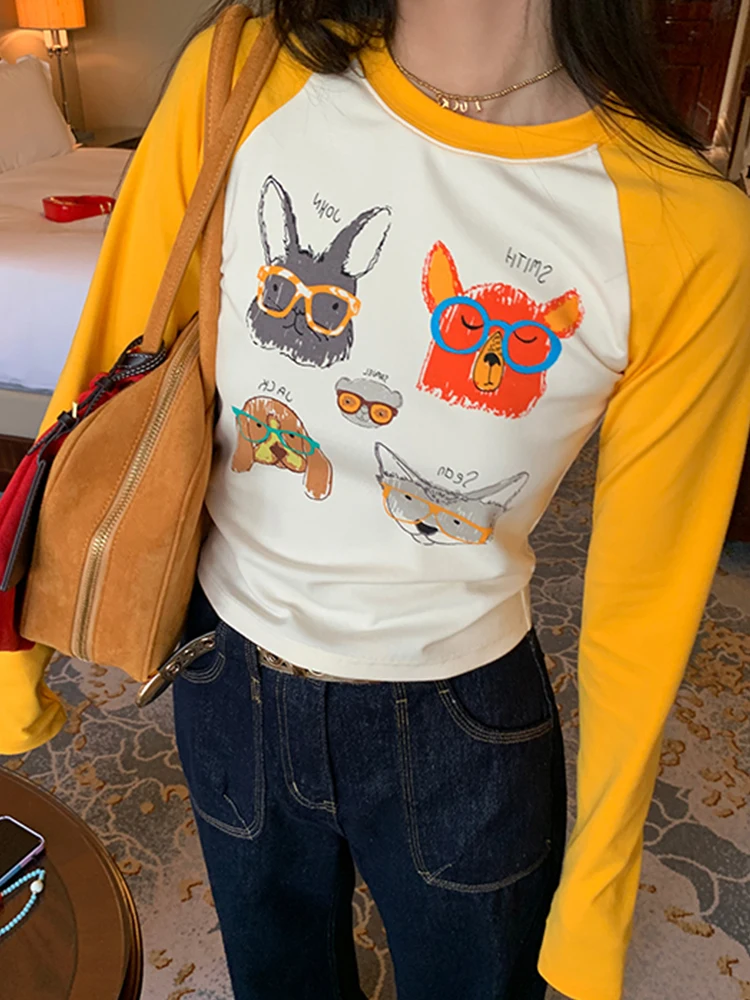 Рубашка с длинным рукавом реглан контрастного цвета Женская облегающая короткая