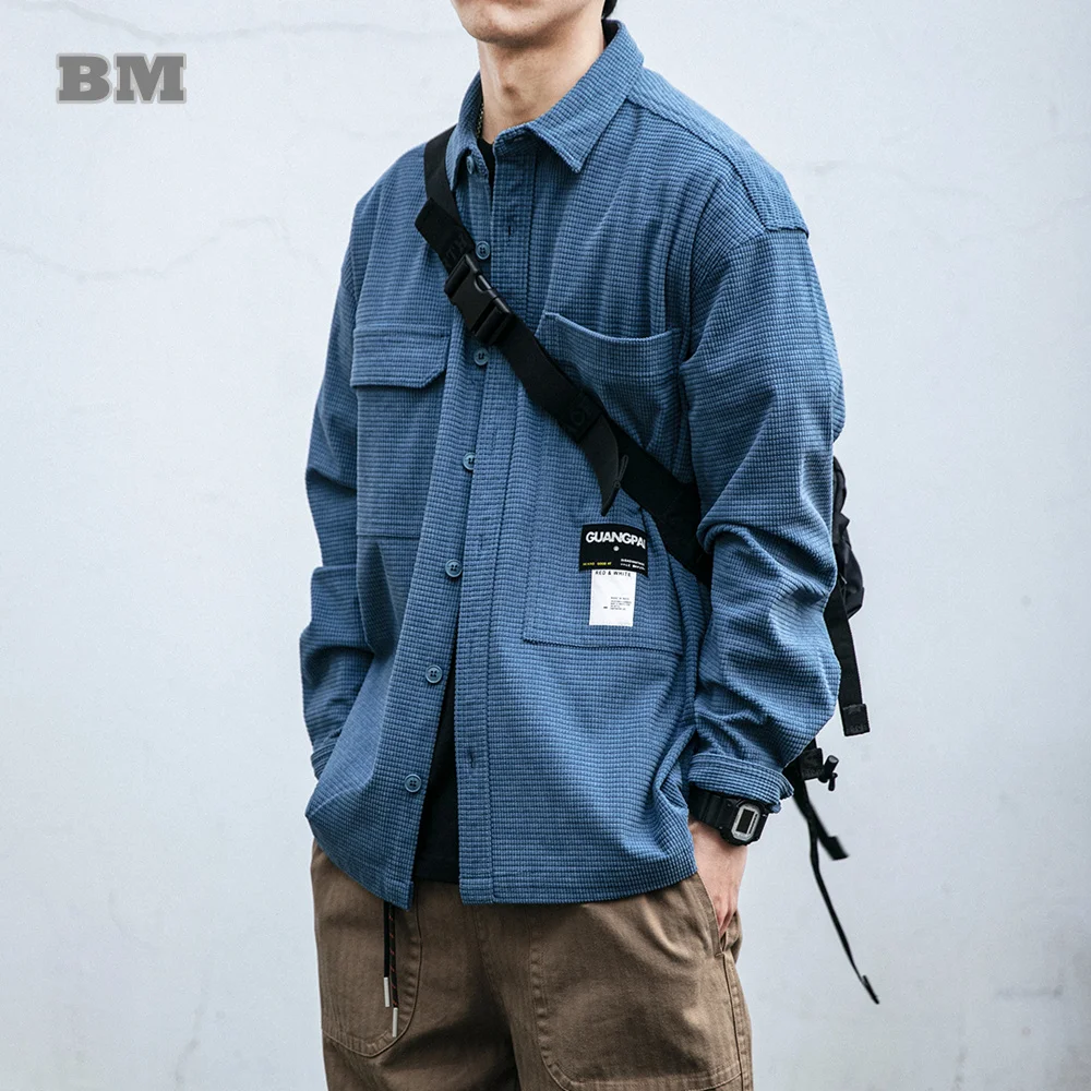 

Japanese Streetwear High Quality Waffle Plaid Shirts 2022 Spring Autumn Harajuku Loose Casual Coat Korean Clothes Men Clothing