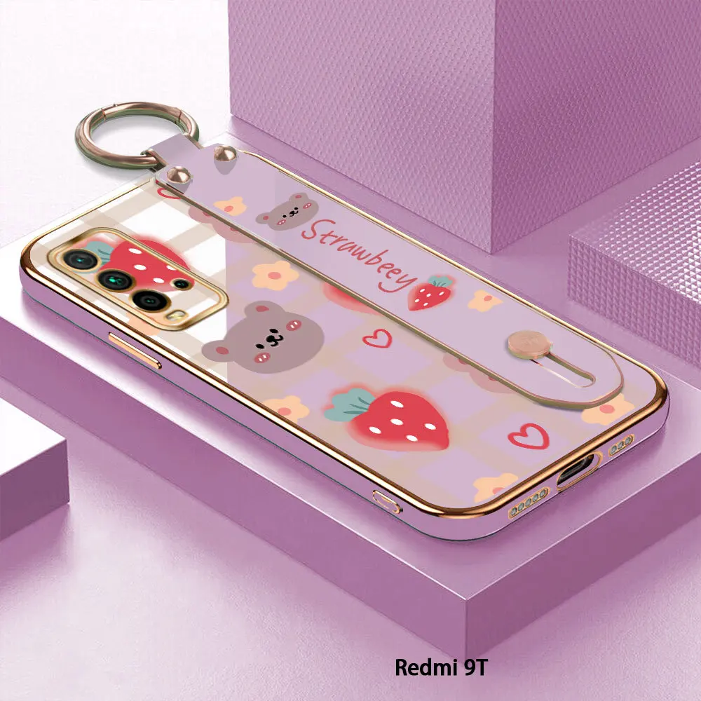 

(With Wristband) For Xiaomi Redmi 9T 9A 9C 10 Prime 2022 12 Strawberry Back Cover Case Luxury Plating TPU Phone Cases