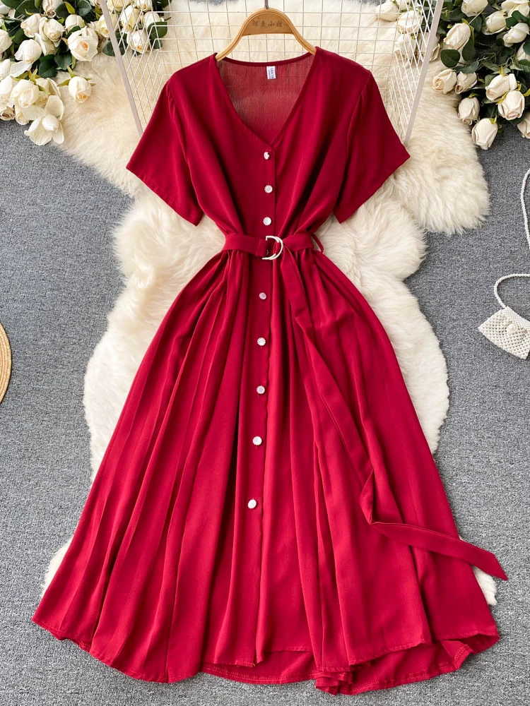 

Aibeautyer New Vintage Summer Solid Slim Short Lady Dress A Line V Neck Chiffon Single Breasted Mid-Calf Women Dresses