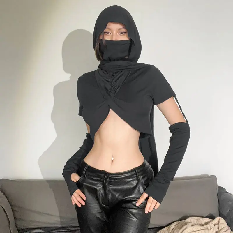 

Doomsday wasteland style sense of design retro gray intersect hollow out long sleeve T-shirt slim-fit hooded super-short tops