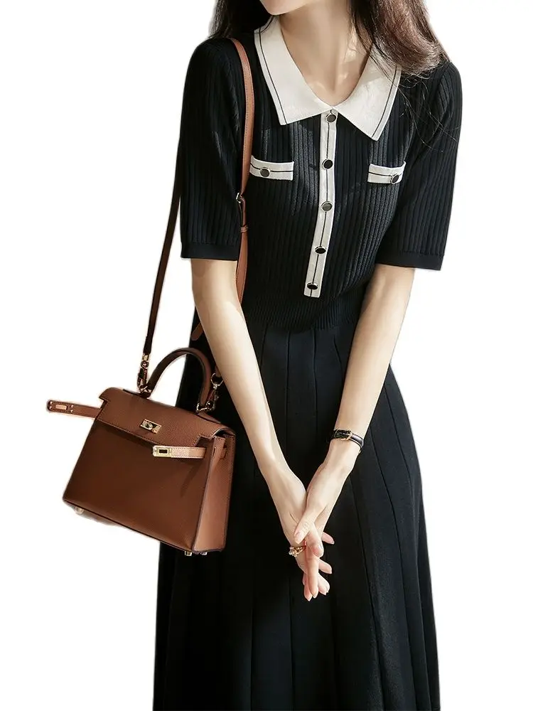 

Temperament and elegant dress 2022 summer new waist knitted pleated lapel dress Korean fashion women's clothing