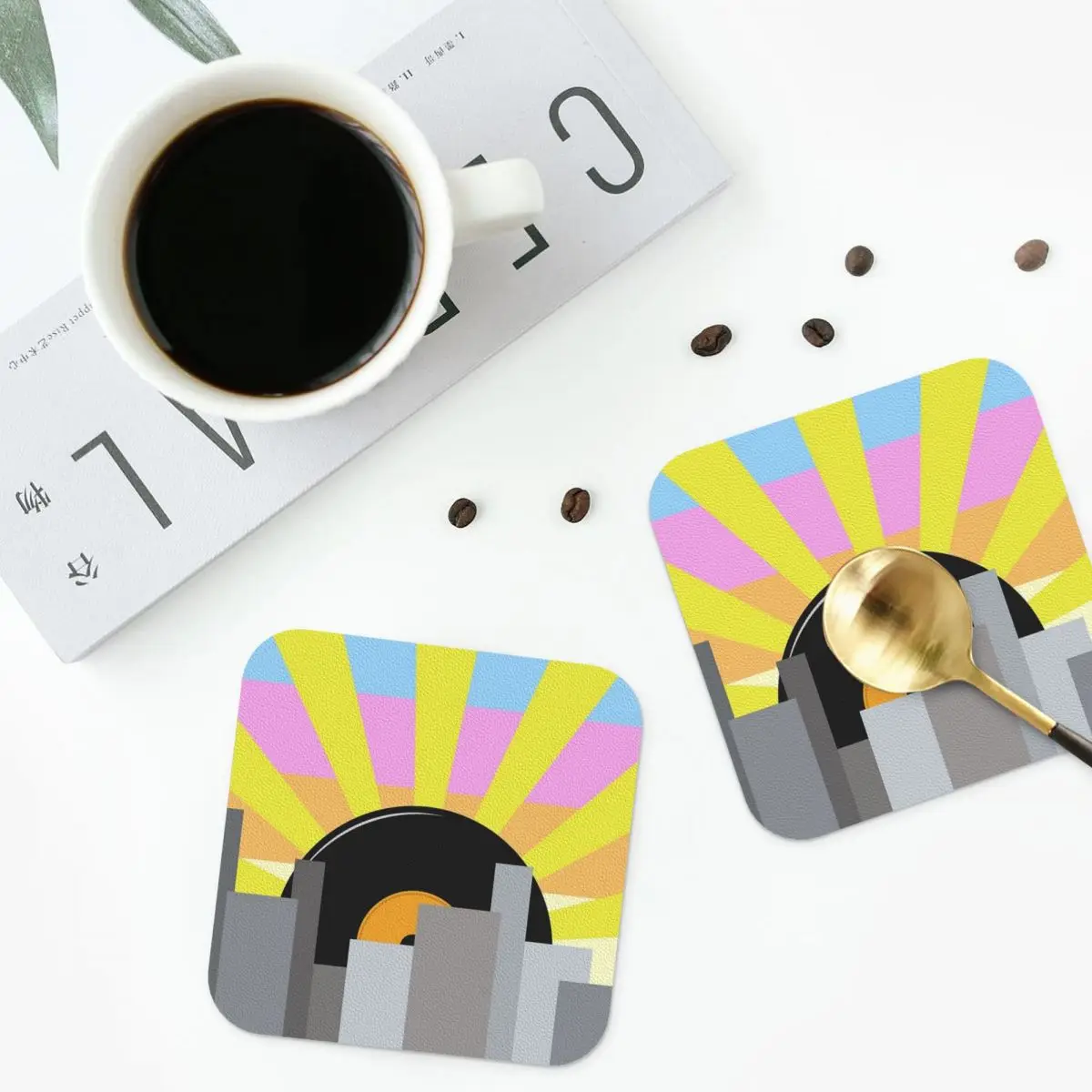 

City Vinyl Sunrise Coasters Leather Placemats Non-slip Insulation Coffee Mats for Decor Home Kitchen Dining Pads Set of 4