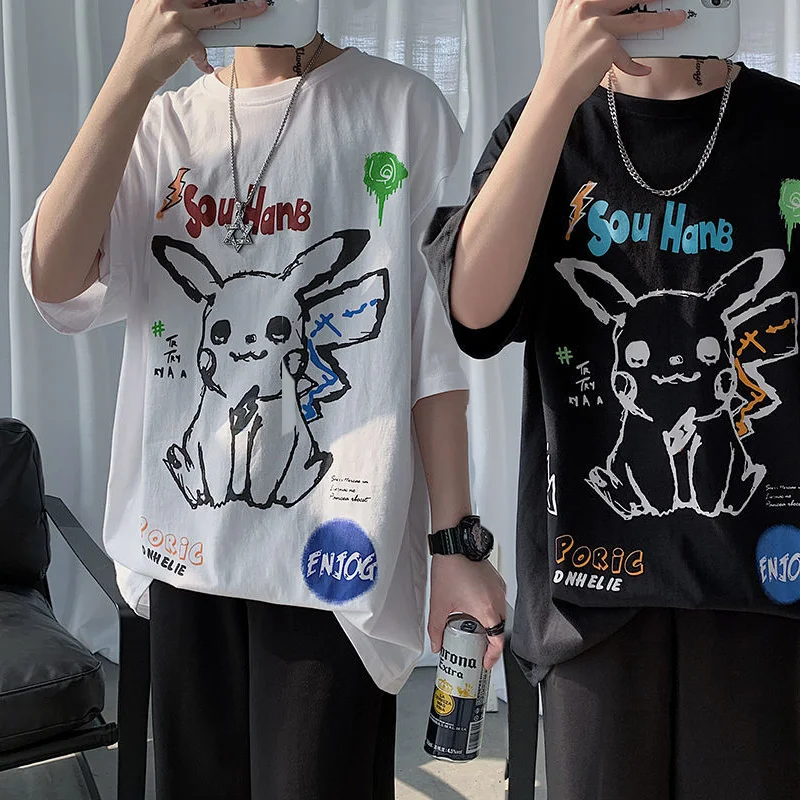 

Pokemon Pikachu Summer Graffiti Cartoon Couple Short-Sleeved T-shirt Men's Casual Loose Student Hip Hop Elbow-Sleeve Half-Sleeve