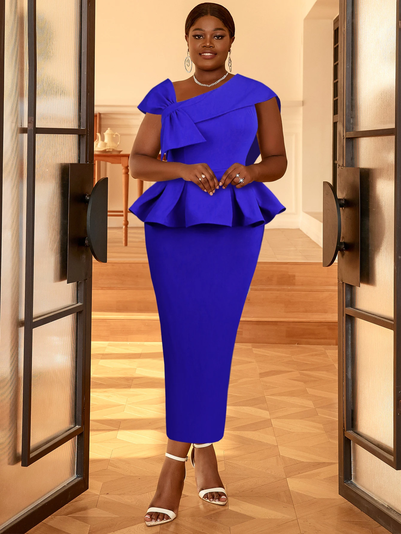 

Elegant Dresses for Women Blue Bow Tie Peplum Ruffles Empire Pencil Ankle-Length Celebrate Birthday Wedding Guest Party Gowns