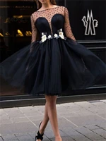 ball gown homecoming dress little black dress floral cocktail party illusion neck long sleeve knee length lace with appliques