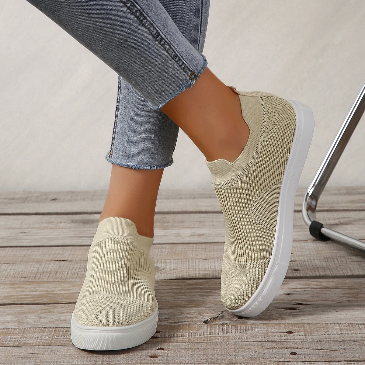 

Туфли-носки женские вязаные, лоферы, без застежки, плоская подошва, прогулочная обувь, большие размеры, весна-лето