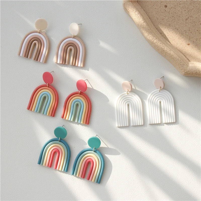 

Ethnic Boho Gradient Ceramic Clay Rainbow Color Arched Colorful Line Handmade Long Dangle Earrings for Women Jewelry Gifts