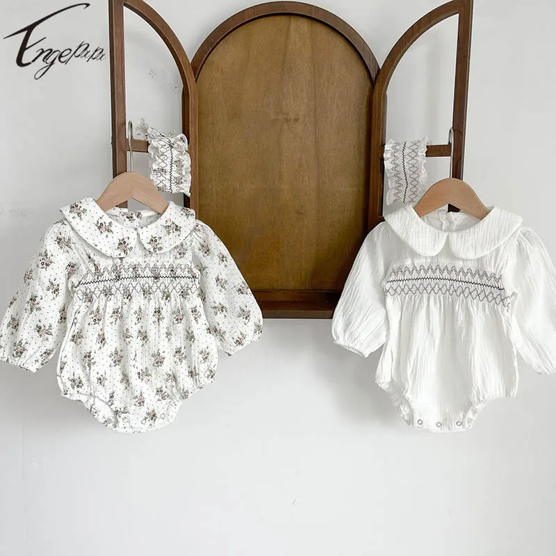 

Комбинезон для новорожденных девочек с цветочным рисунком, комбинезоны с длинным рукавом + Искусственный комбинезон, милая одежда с лацканами на весну и осень