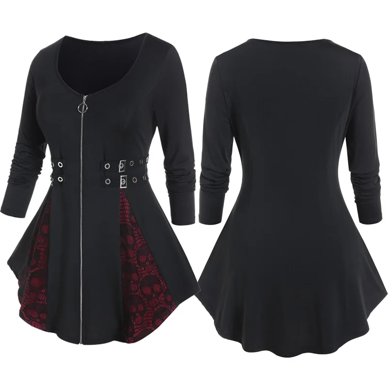 

ROSEGAL Gothic Buckled Skull Lace Full Zipper T-shirt Women Spring,Fall Streetwear Black Long Sleeve Basic Tops 4XL