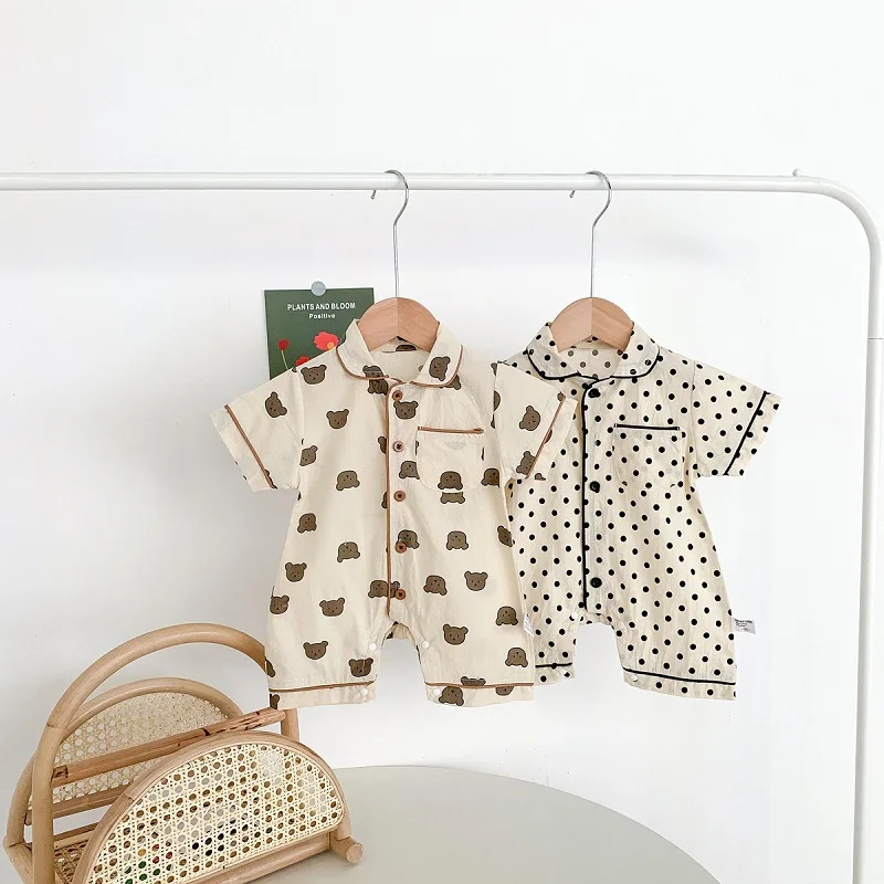 

Newborn Baby Boy Girl Loungewear Romper Short Sleeve Bear Pattern Pocket Cotton One Pieces Summer Infant Clothes 0-12M