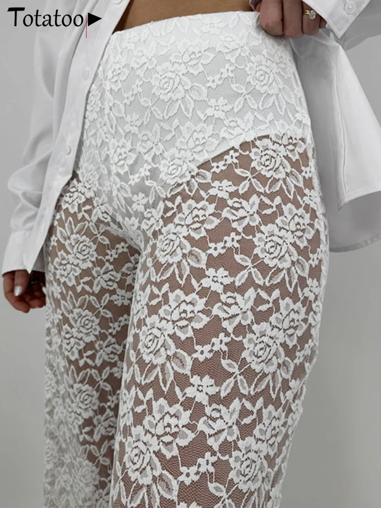 Женские сексуальные кружевные прозрачные прямые брюки с высокой талией широкие