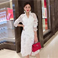 Autumn Lapel Long Sleeve Women's Coat 2-Piece Mid-Length White Lace Thin Trench Coat with Sling Top and Belt