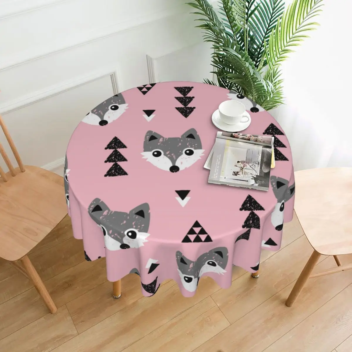

Round Tablecloth Geometric Baby Fox Kids Woodland Theme Cover Washable Table Cloth for Tea Table