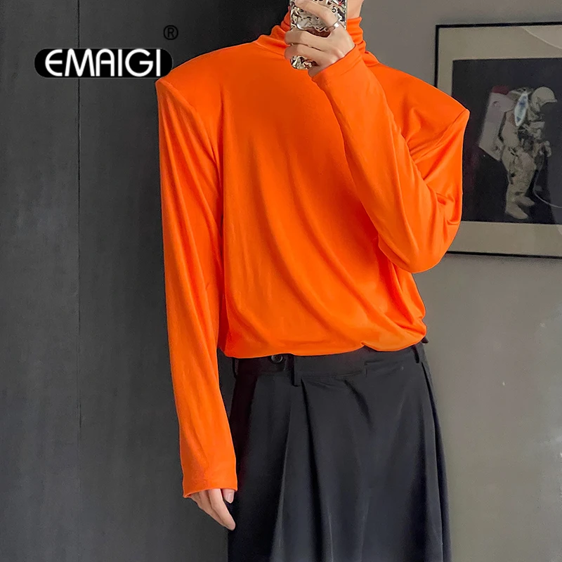 

Men Shoulder Pads Turtleneck Long Sleeve Loose T-shirt Streetwear Vintage Fashion Hip Hop Top Tee Shirts Man Tshirt