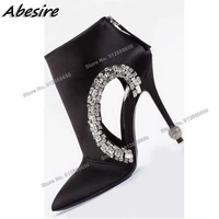 abesire black back zipper crystal boots cut out solid pointed toe fashion runway boots for women shoes wedding shoes on heels