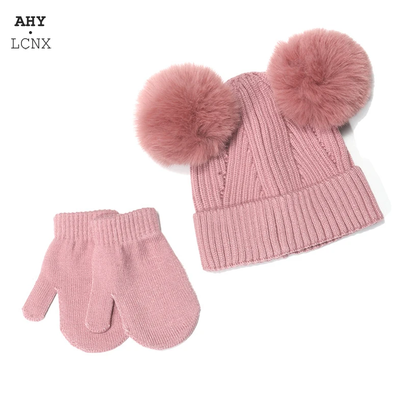 

2Pcs Kids Winter Hat And Gloves Set Pom Pom Baby Knitted Warm Hat Beanie Toddler Children Hats Mittens Suit For Boys Girls 2-6Y