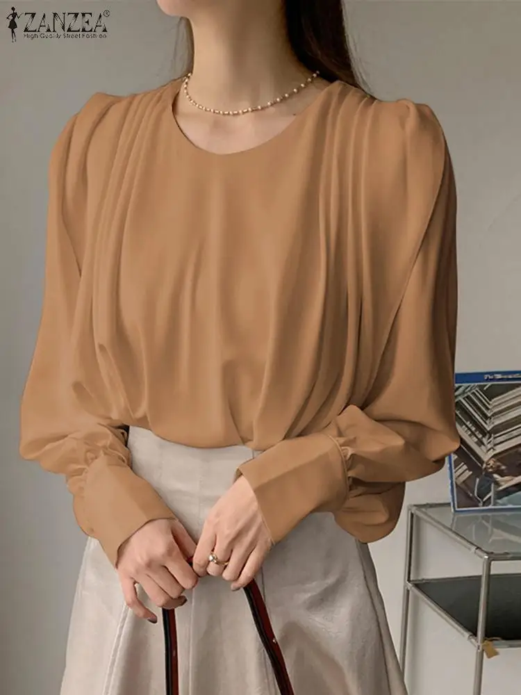 

Модные женские универсальные блузки ZANZEA 2023 элегантные плиссированные блузки с оборками и длинным рукавом с круглым вырезом корейские Деловые женские стильные топы