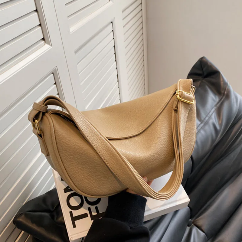 Soft Leather Texture Single Shoulder Crossbody Bag Fashion Trendy Wide Shoulder Strap Dumpling Underarm Bag Casual Chest Satchel