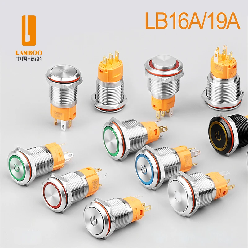 Кнопка-переключатель LANBOO 16 мм металлическая с LED-индикатором (символ питания), мгновенного действияфиксации, 1224220В, водонепроницаемая (art.: 3920db3a783ce) - 3920db3a783ce