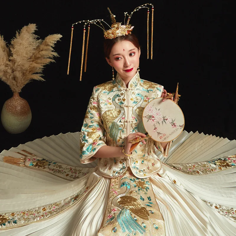 Yourqipao 2023 Chinese Xiuhe Sets Mandarin Collar Cheongsam Toast Clothing Costume Dragon and Phoenix Embroidery Wedding Dress