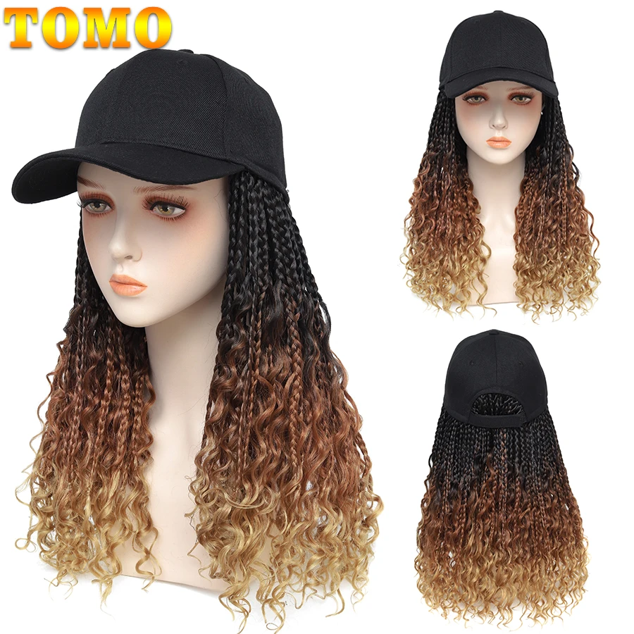 

TOMO Braided Baseball Cap Wig Boho Box Braids Extensions With Hat Black Synthetic Curly Box Crochet Hair Cap Wig For Women