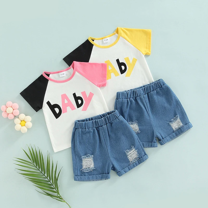 

Toddler Baby Girls Casual Suit Color-Contrast Letter Printed Short Sleeve Tops+Ripped Short Pants