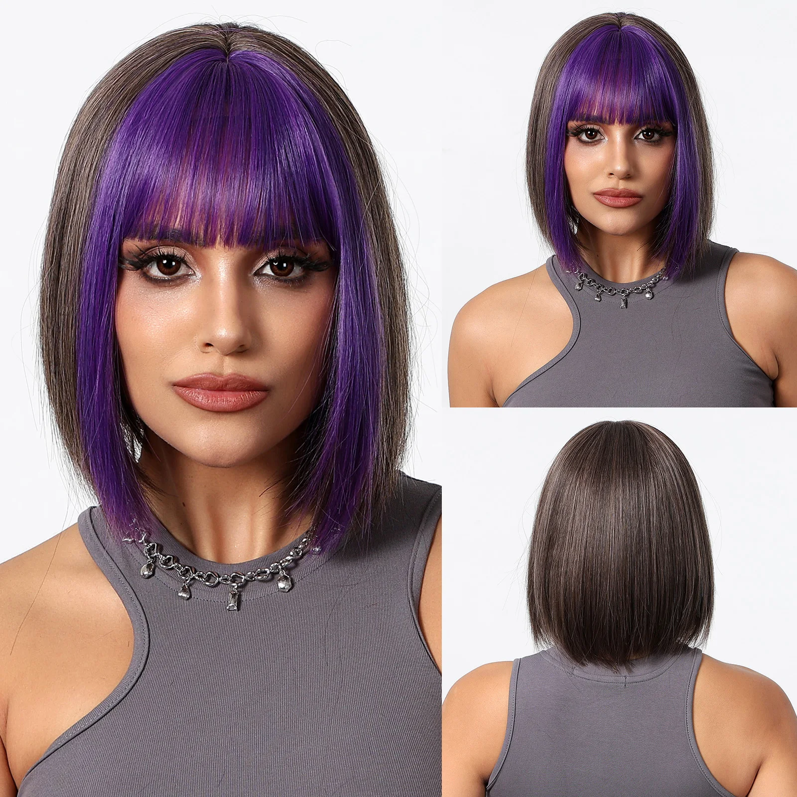 Черный боб короткий прямой синтетический парик с челкой для женщин повседневное