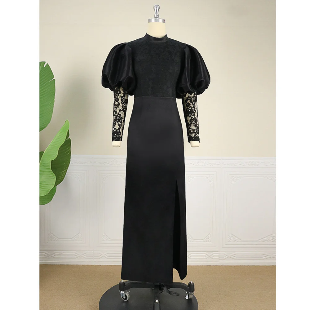 Plus Size Fashion celebrity fat mm lace stitching Lantern Sleeve high waist split black robe dress women's dress